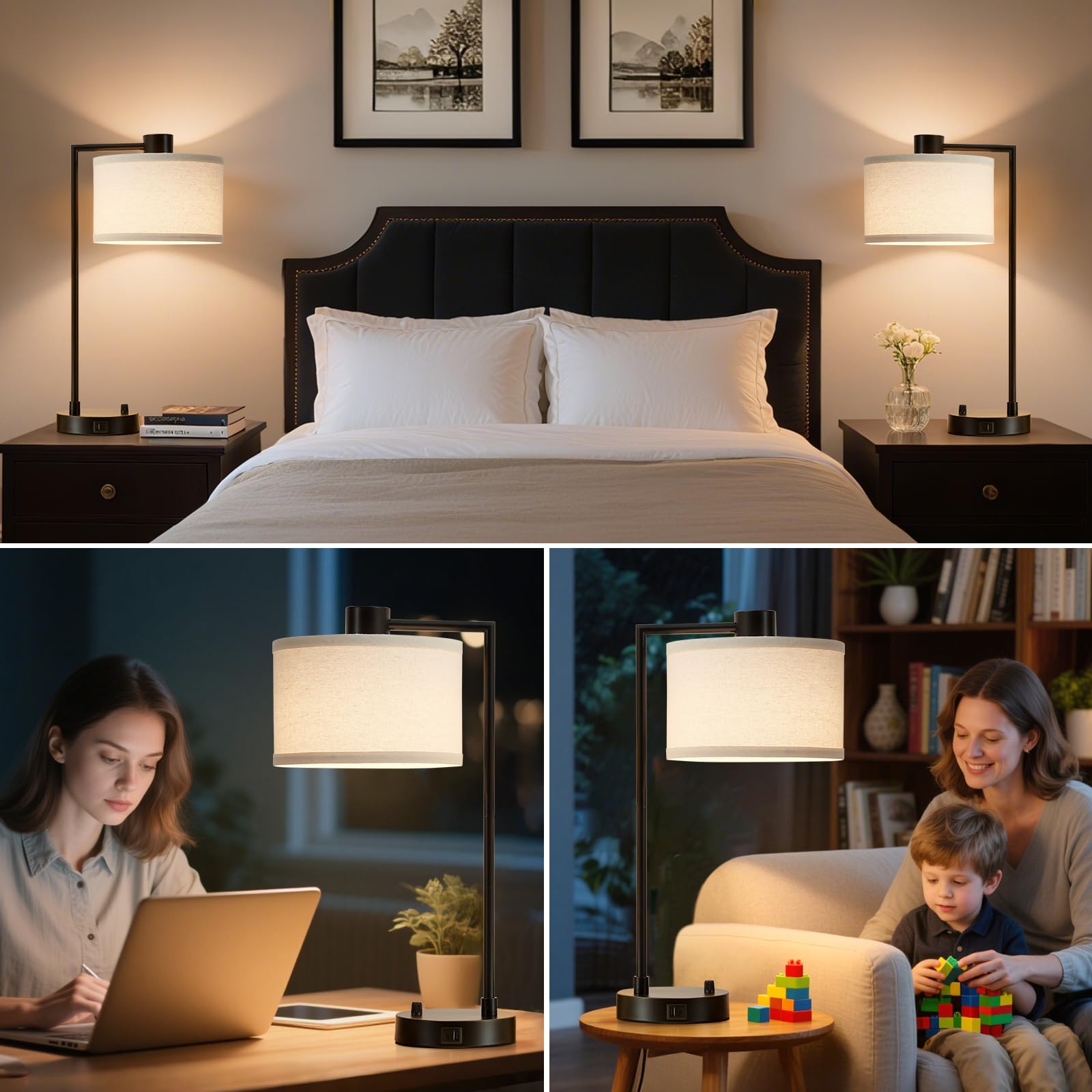 GyroVu Nachttischlampe, Tischlampe mit Ladefunktion USB A+C-Anschlüssen, Stufenlos Dimmbar, Leinen-Lampenschirm, Bedside Lampe für Wohnzimmer Studierzimmer Büro (Glühbirne inklusive)
