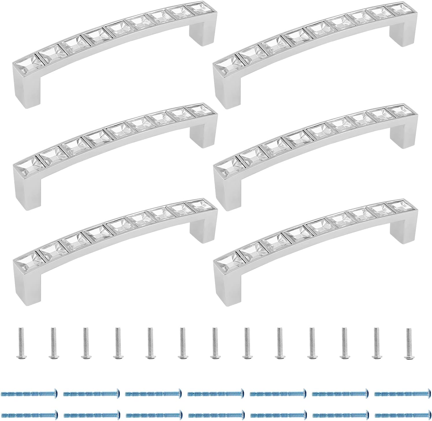 Bivethoi Crystal Drawer Pulls, Rhinestone Handles, Silver Zinc Alloy Cabinet Handles for Kitchen Cupboard Bedroom, 96mm / 3.78" (Hole Centers), Pack of 6