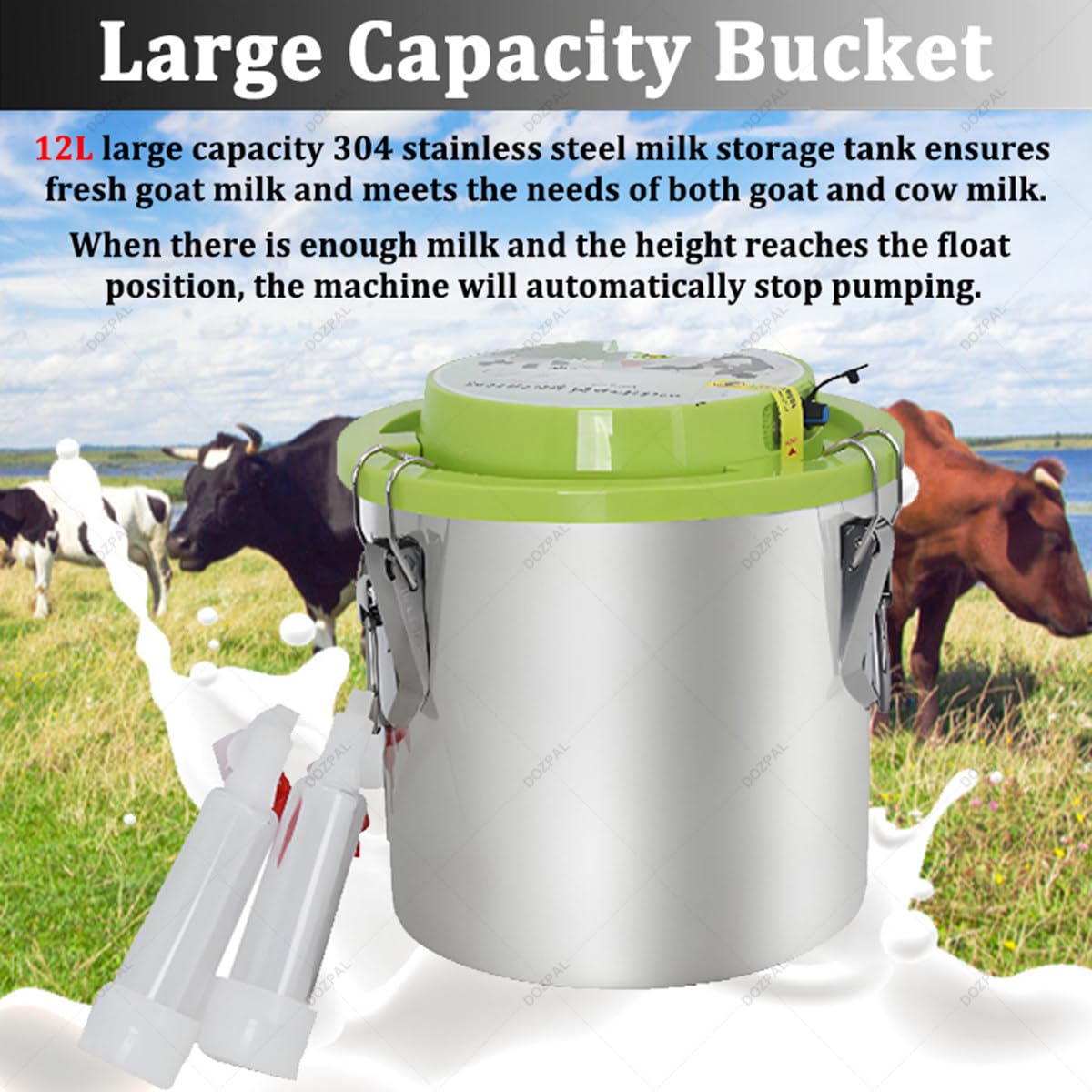 Mungitrice Portatile – Mungitrice a pulsazione per capre e Pecore con Secchio in Acciaio Inox da 12 L per Uso Domestico e Piccole aziende agricole; Arresto Automatico della mungitura. Goat
