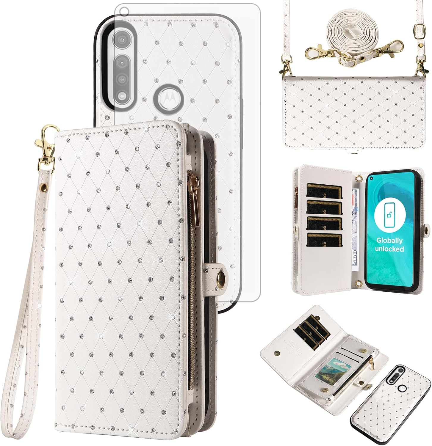 Asuwish Phone Case for Moto G Fast 2020 Zipper Wallet Detachable Cell Cover with Tempered Glass Screen Protector Crossbody Strap Glitter Flip Card Holder Slot Motorola GFast XT2045-3 Women Girls White