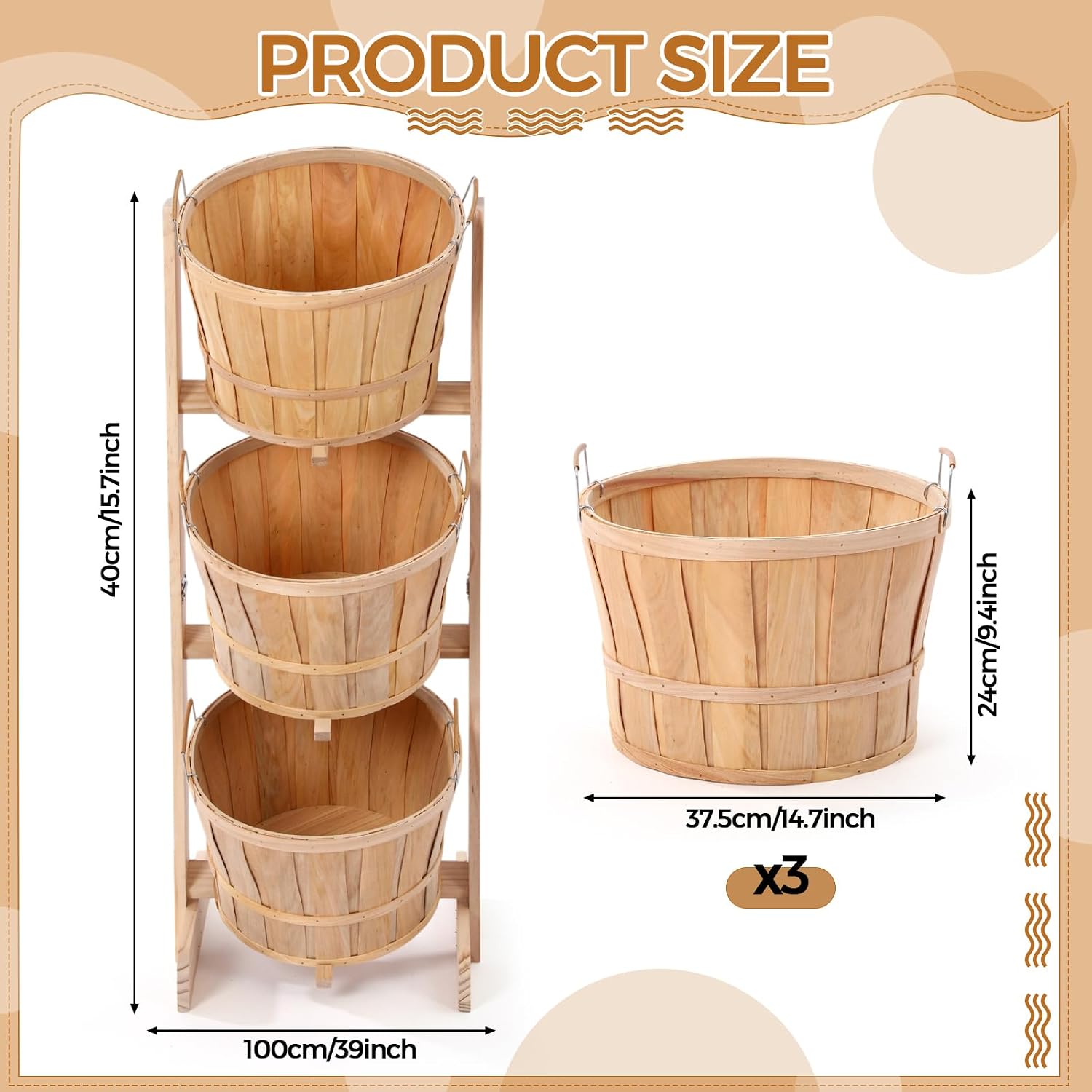 Gerrii 1 Pcs Large Solid Wood Bushel Barrel Display with 3 Half Bushel Basket, Farmers Market Floor Display with Handles, Retail Harvest Basket for Fruit, Vagatables, Candy, Small Crafts, Produce