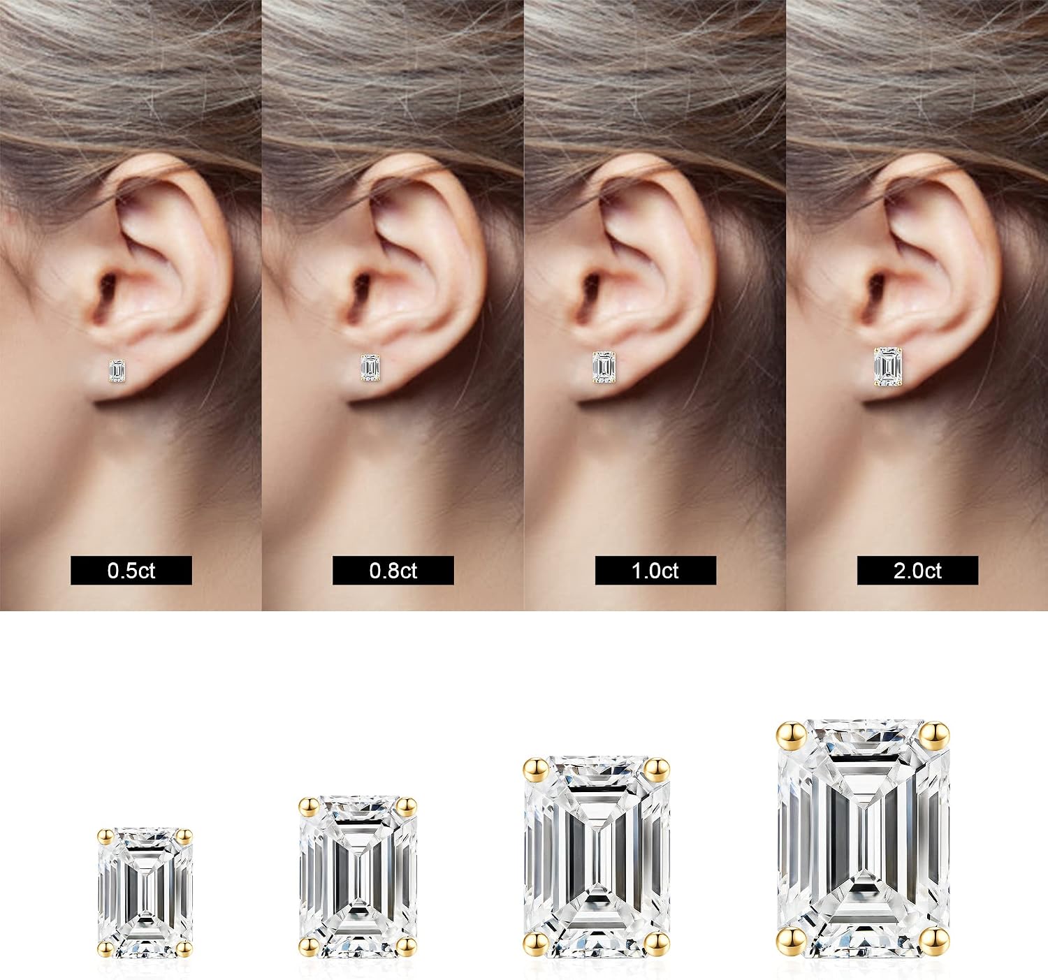 S925 Sterling Silver Stud Earrings Set for Women, Emerald Cut Simulated Diamond Stud Earrings Hypoallergenic CZ Stud Earrings for Women Vermeil White Gold/Gold/Black/Rose Gold 1/3/4 Pairs Earrings Set