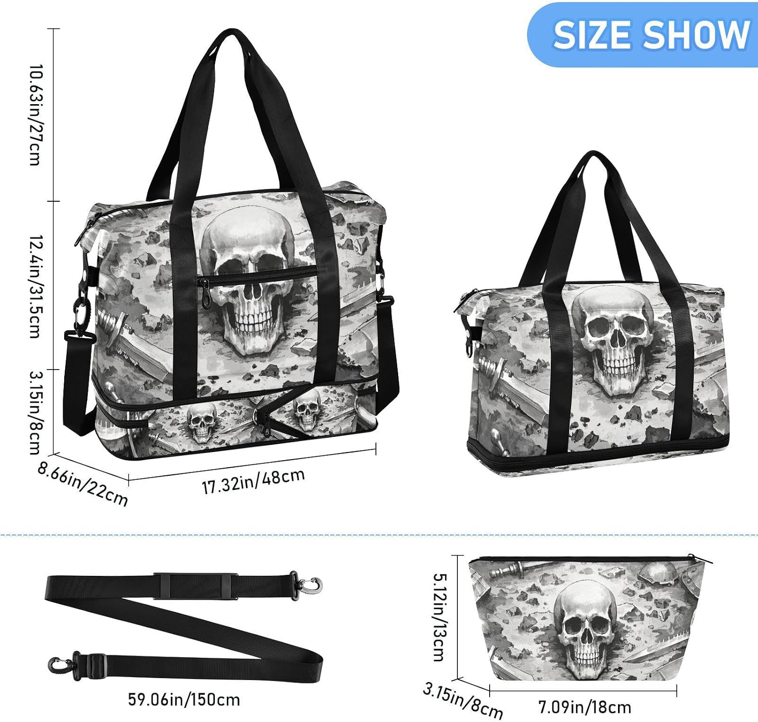 Vintage War Skull Gray Gym Bag Carry On Tote Bag with Adjustable Strap for Sports Foldable