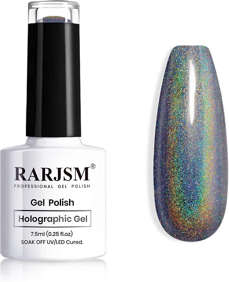 RARJSM Holographic Nail Polish Black Gel Nail Polish Soak Off Nail Gel Collection Cruing Required for Nail Art Design 1 Pack 0.25 Fl.oz RAR72