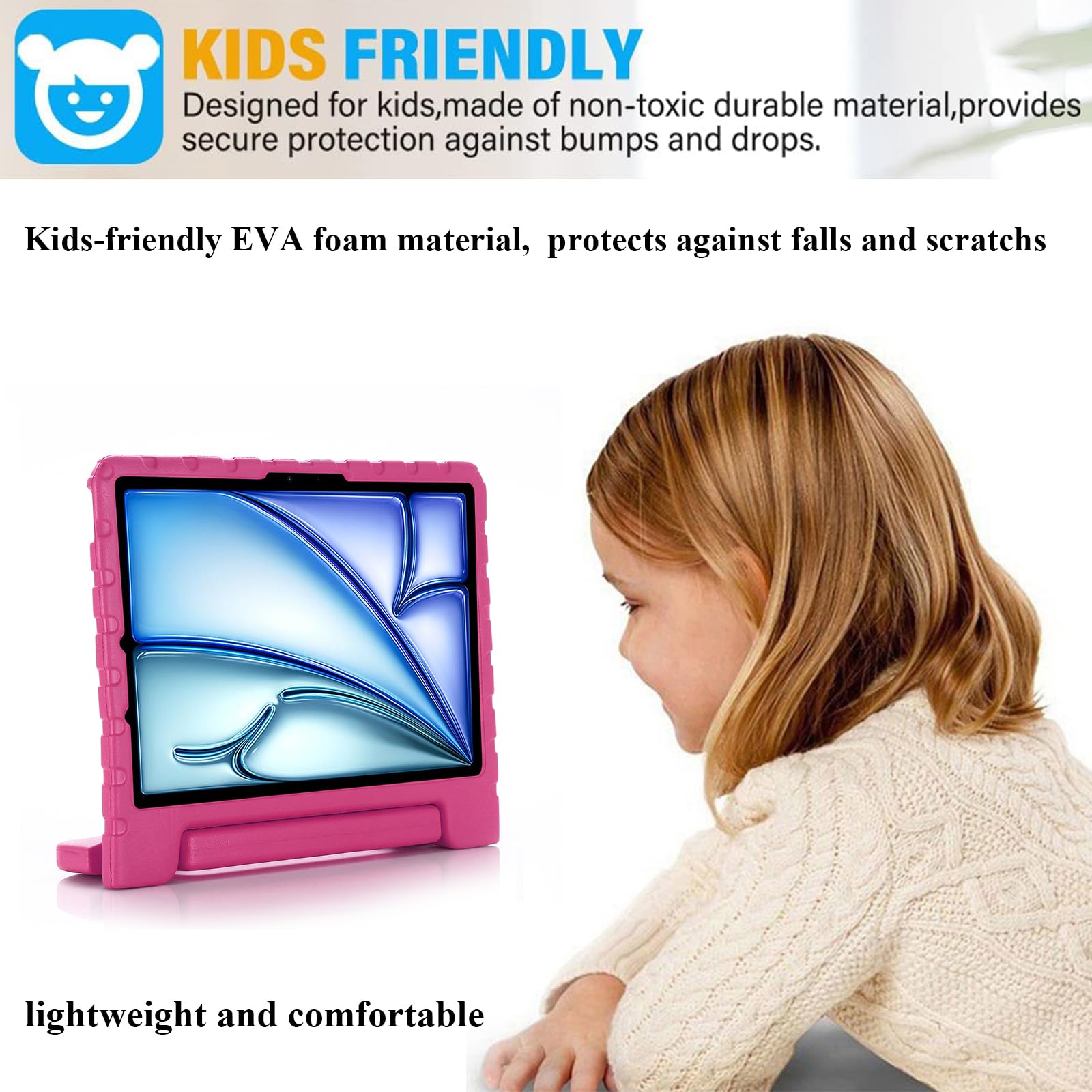 Custodia per bambini per iPad Pro 11" M4 (2024) (modello: A2836/A2837/A3006) (5a generazione) con maniglia/cavalletto/portamatite/supporto girevole a 180°, custodia antiurto in morbida EVA