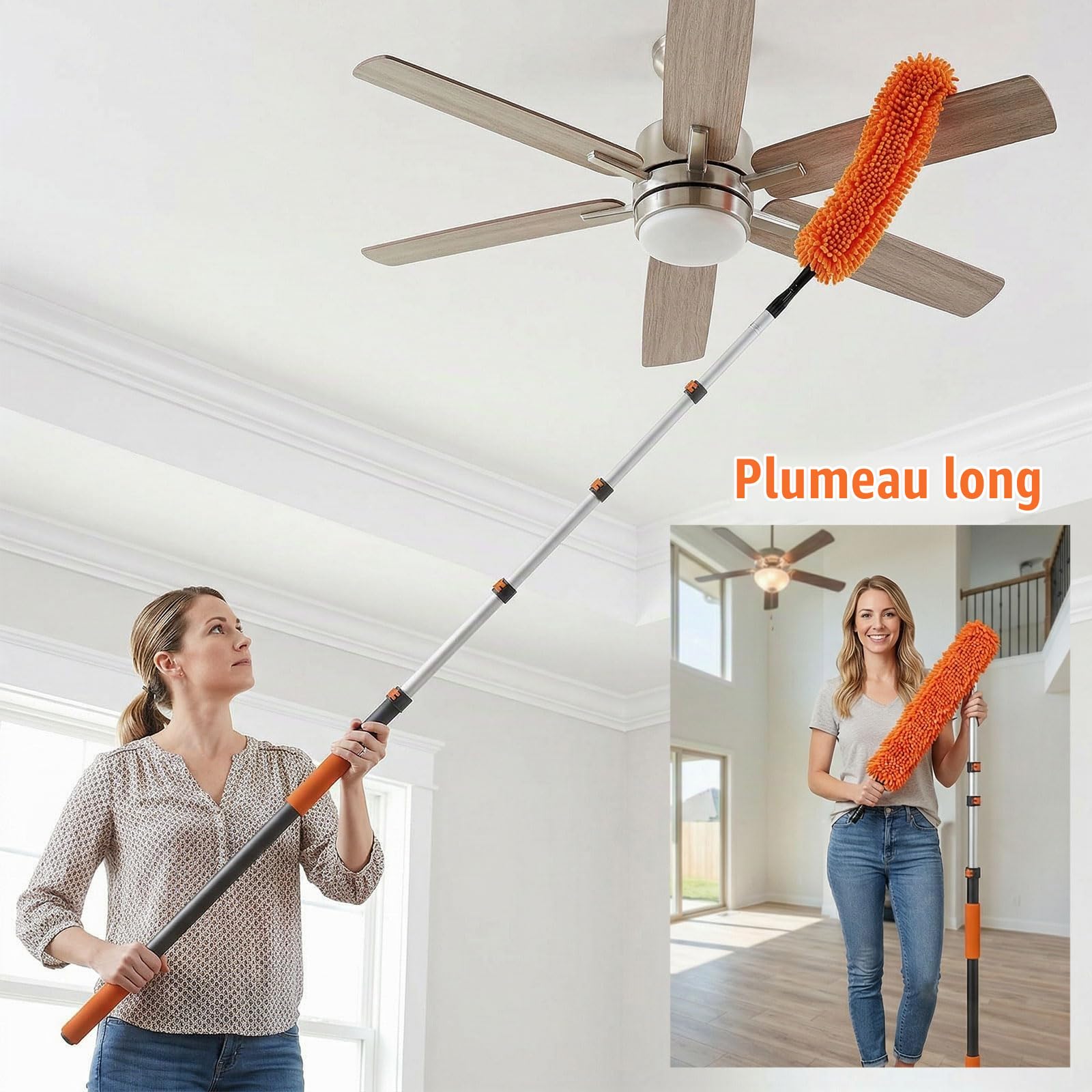 Perche Téléscopique 6m avec Tête de Loup et Plumeau - Kit Multifonction pour Nettoyage à Hauteur - Anti-Toile d'Araignée, Poussière et Vitres - Manche Réglable 1.5-6m