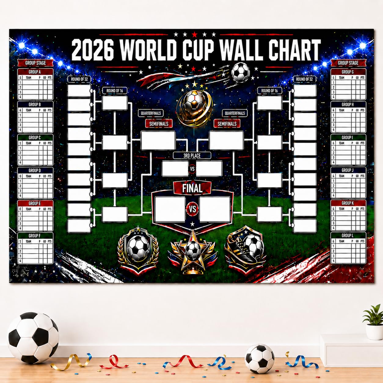 DJMYJT World Cup Wall Chart 2026, 48-Team World Cup Football 2026 Bracket Poster, Waterproof Erasable Wallchart, 59 x 39 in for Soccer Party Decor & Football Fans Gift (B)