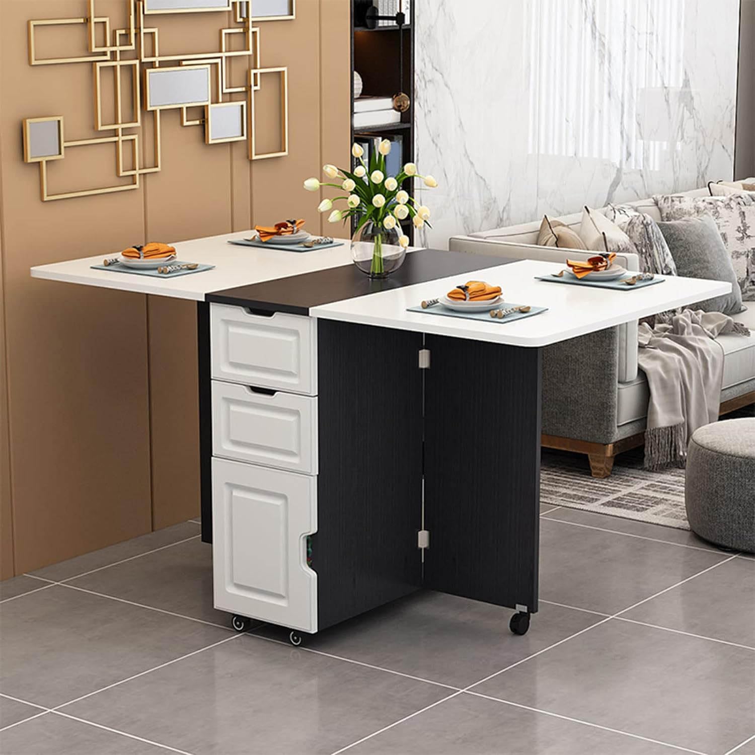 Table de Salle à Manger Pliante rectangulaire en Bois multifonctionnelle avec tiroirs de Rangement, Table de Cuisine Peu encombrante, Table de Salle à Manger pour Petit Appartement