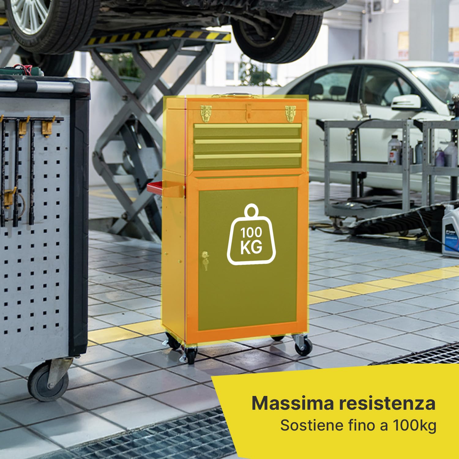 DAIMANN - Carrello Porta Attrezzi Professionale con 3 Cassetti Scorrevoli e Armadietto con Serratura per Garage e Officina, Struttura in Metallo Verniciato Facile da Spostare (Rosso)