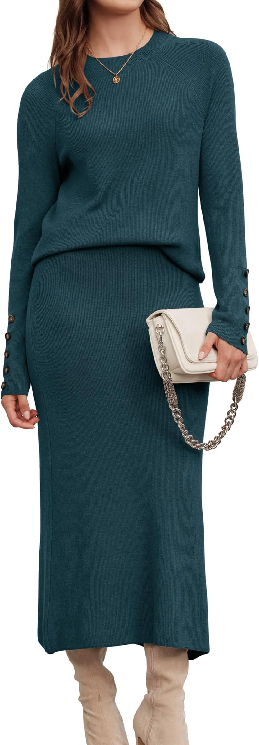 Women's Wool Blend Sweater 2 Piece Sets Business Lounge Long Sleeve Top Midi Dress Outfits