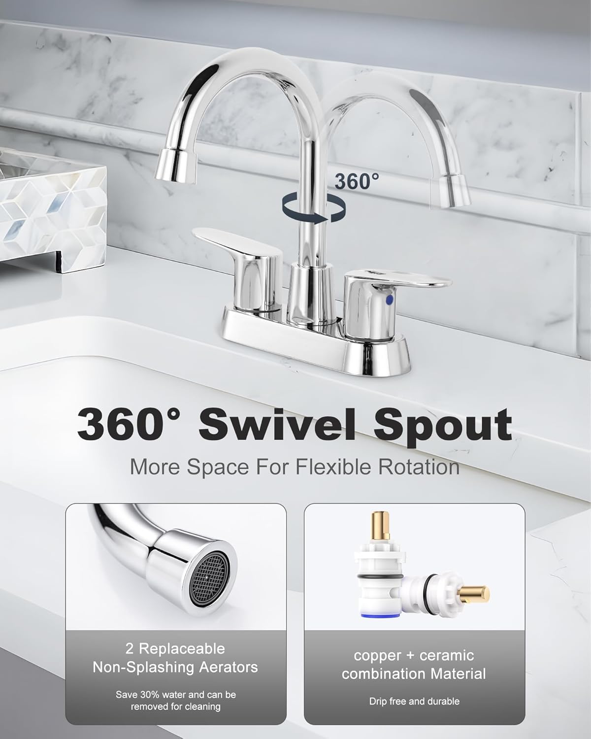 4 Inch Bathroom Faucet 3 Hole, 2 Handle Centerset Bathroom Vanity Sink Faucet, 360° Swivel Spout Lavatory Modern Bathroom Faucets with Pop-up Drain Assembly and 2 Hoses(Chrome)
