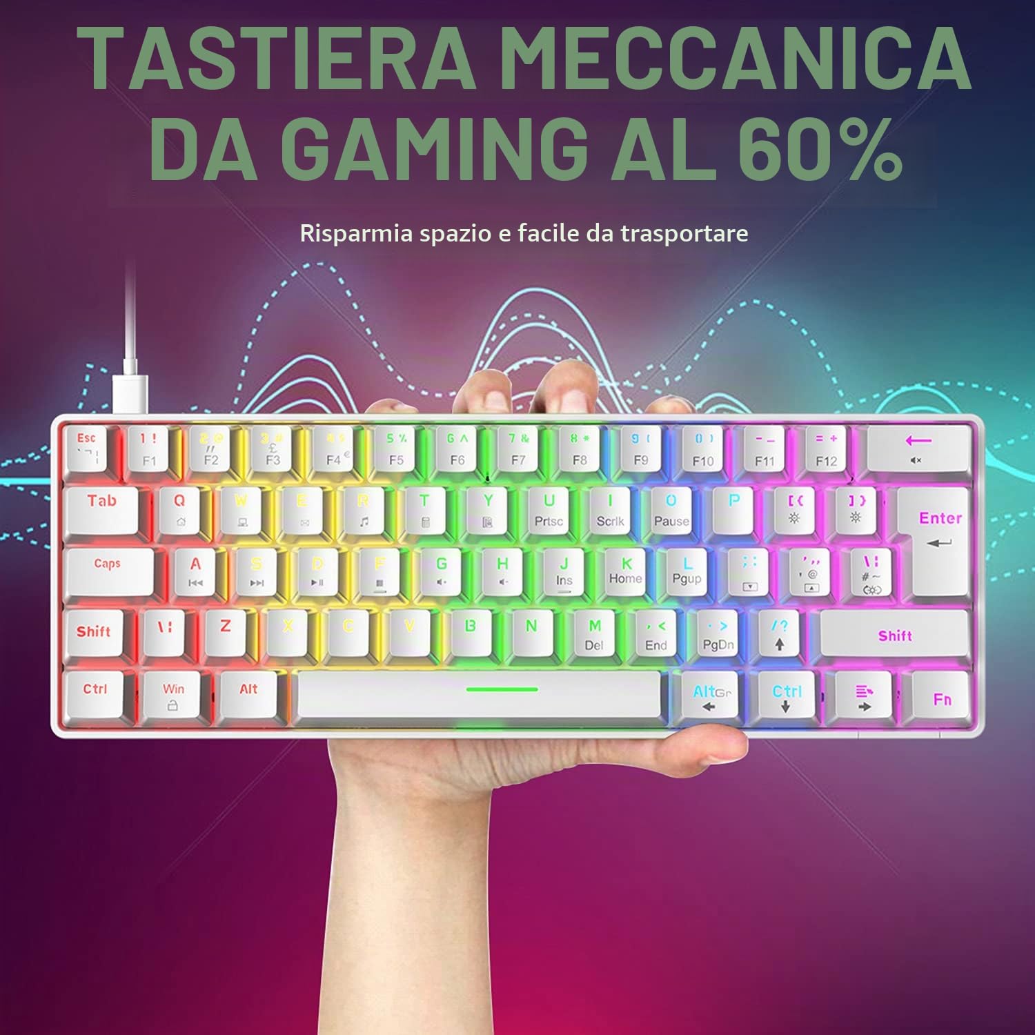 FELiCON x ZIYOU LANG T60 Tastiera da gioco meccanica al 60%, Tastiera Gaming Cablata Type-C, Compact 62 Tasti, 19 RGB Rainbow Chroma Retroilluminato, Blue Switch Mechanical Keyboard per PC Mac-Bianco