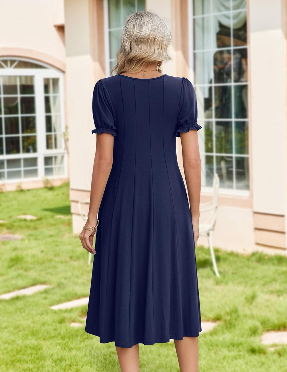 Zeagoo Womens Summer Dress Casual Midi Dresses 2026 Short Puff Sleeve Flare Dress Pleated Flowy Sundress with Pockets - Image 2