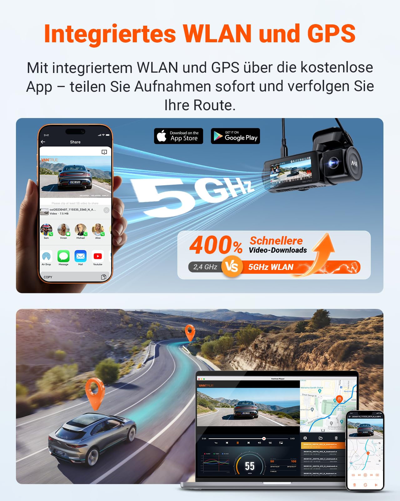 VANTRUE N4 Pro S 4K 3 Kanal Dashcam Auto, 4K+1080P+1440P Vorne Hinten Innen, STARVIS 2 Ultra HD-Nachtsicht, PLATEPIX Kennzeichenerkennung, 5GHz WLAN GPS, DSGVO-konform, G-Sensor, 24H Parküberwachung