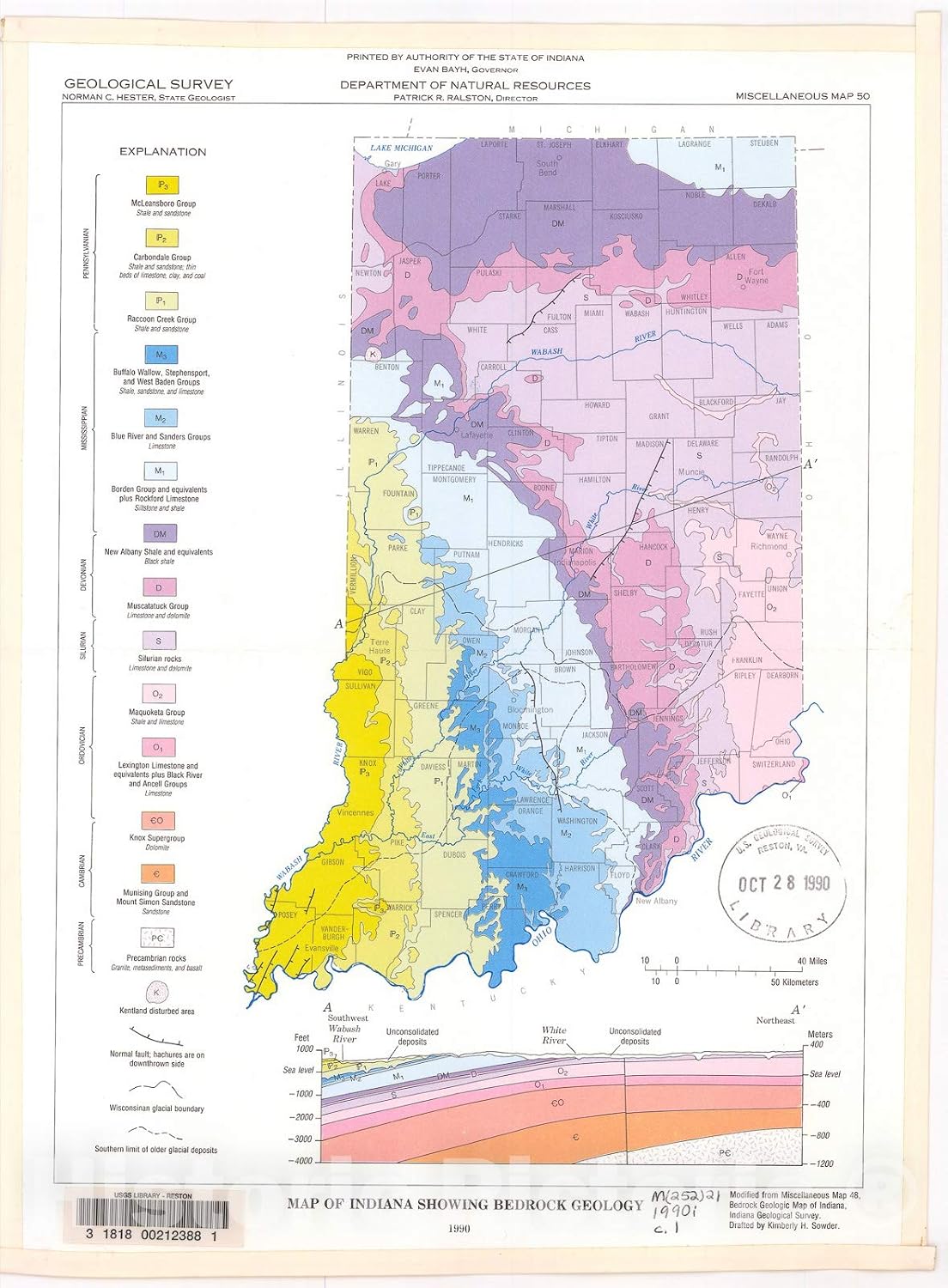 Indiana Bedrock Geology Map 1990 - Historical Geologic Print - 18in x 24in