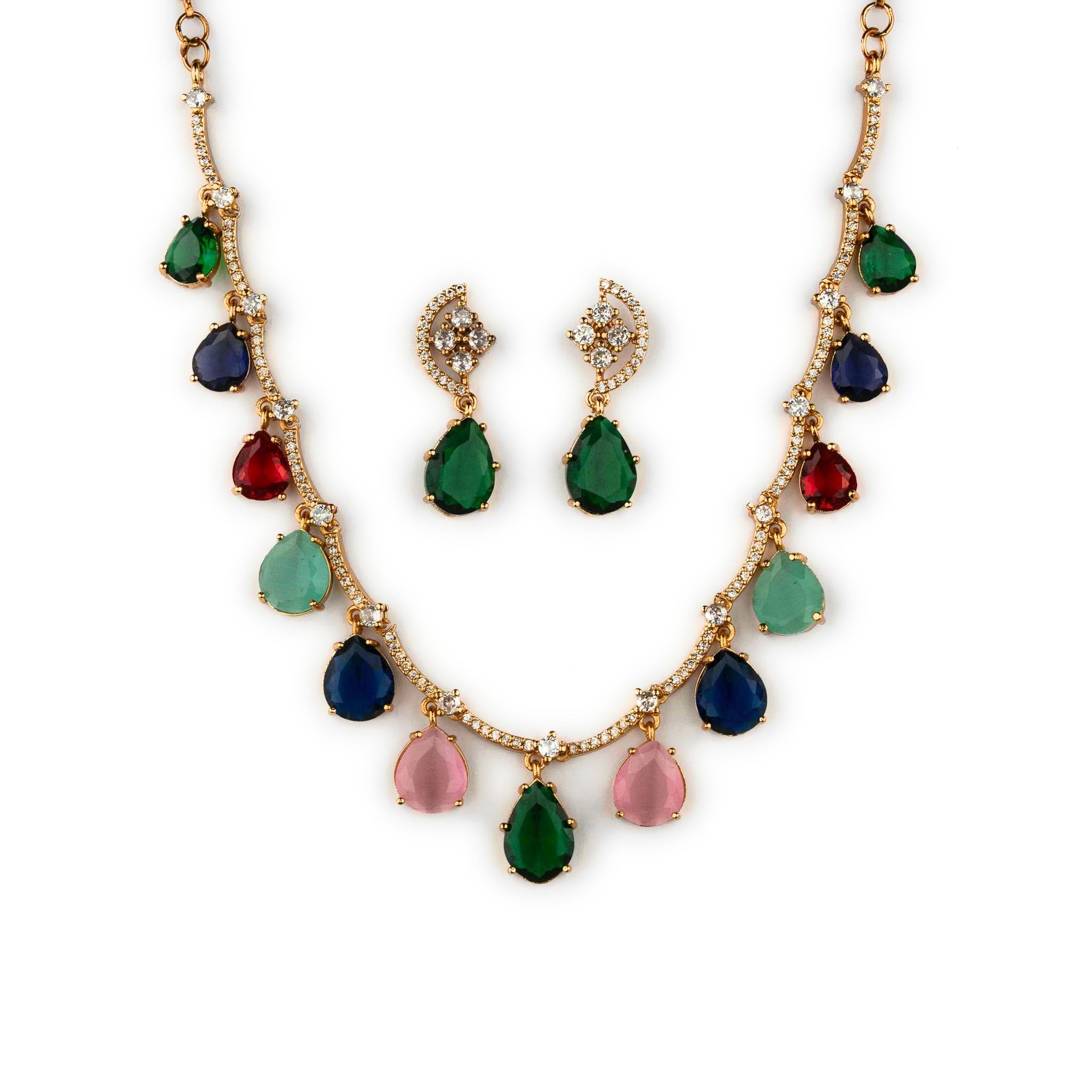 American Diamond Matte Gold Plated Necklace Jewellery Set-image-28