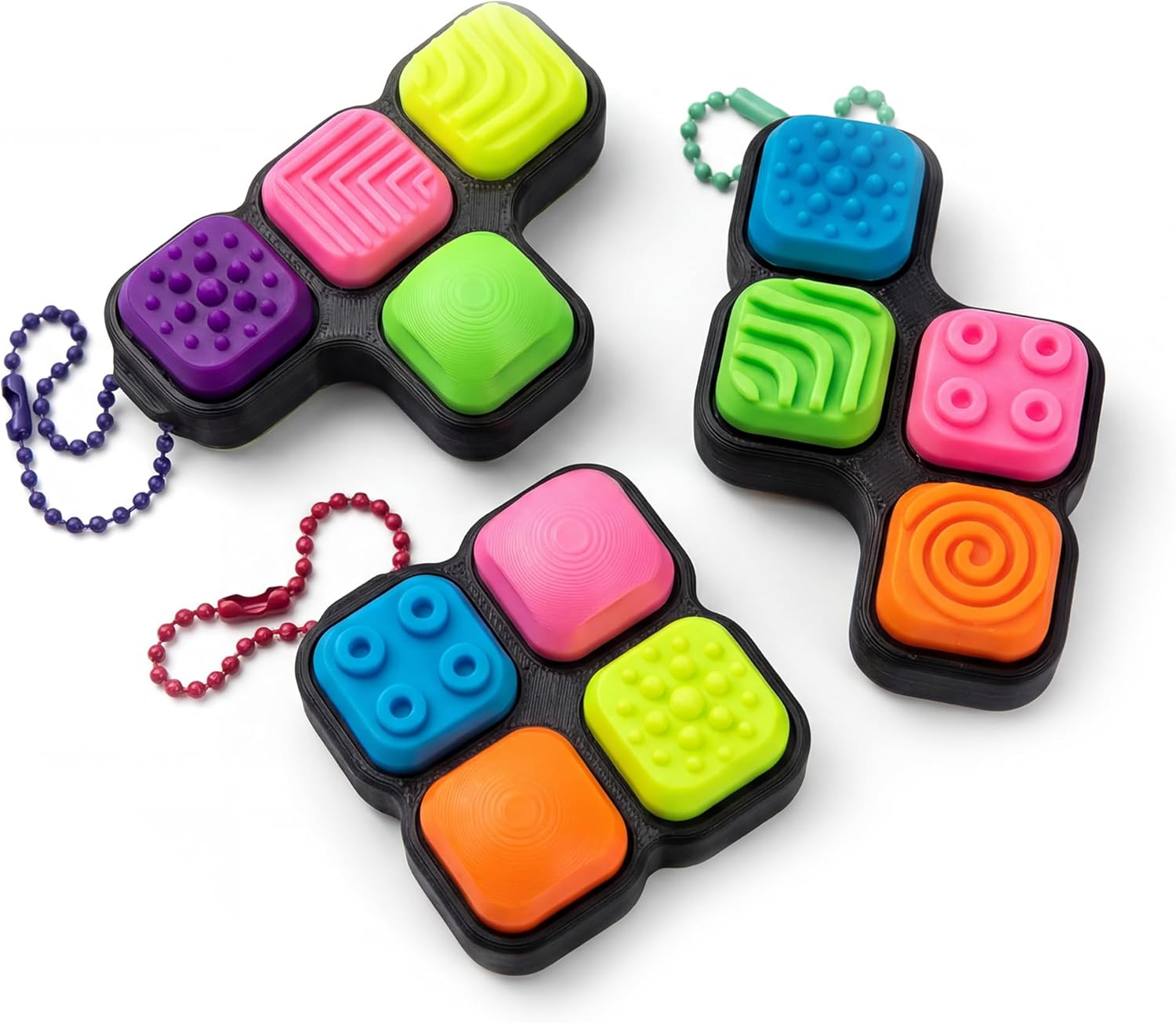 Retro Clickers Neon Texture Cube Fidget Set, 3 Sensory Keychain Blocks, Stress Relief