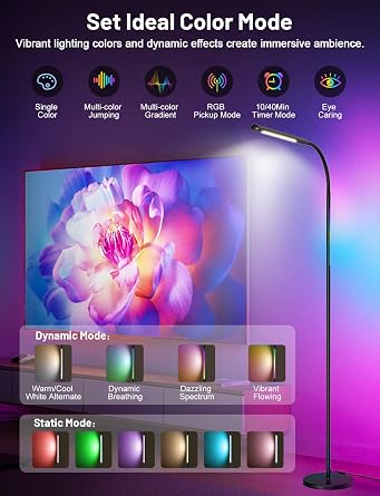 LED Floor Lamp, Dimmable Standing Lamp for Living Room, Adjustable RGB Color Light Floor Lamp with Remote and Touch Control for Office Bedroom, Stepless Dimming & Temperatures