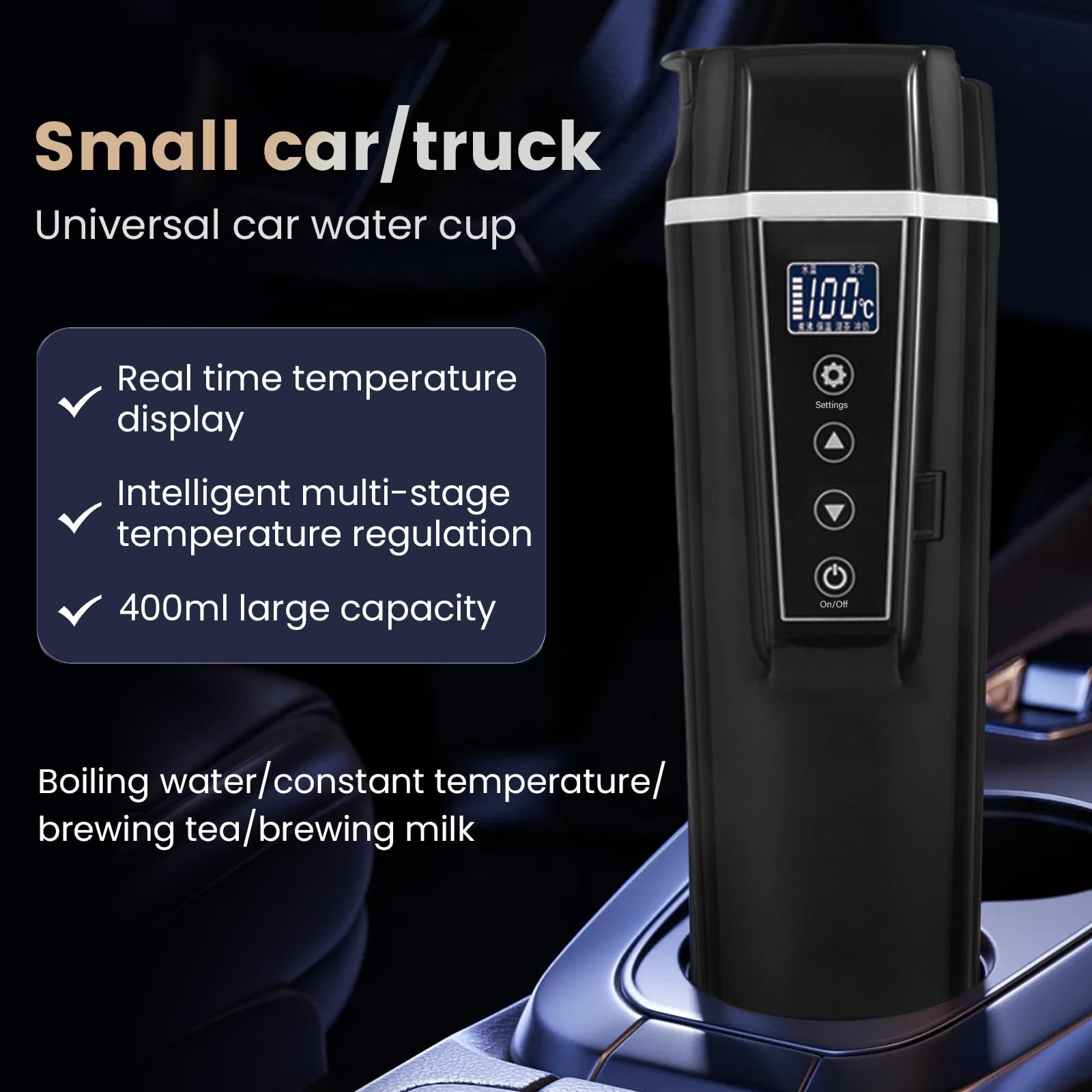 Podróżny czajnik samochodowy 12 V/24 V, 400 ml, elektryczny kubek grzewczy z zapalniczką, przenośny kubek do kawy, herbaty do 100°C, do samochodów ciężarowych, taksówek, kontroli temperatury