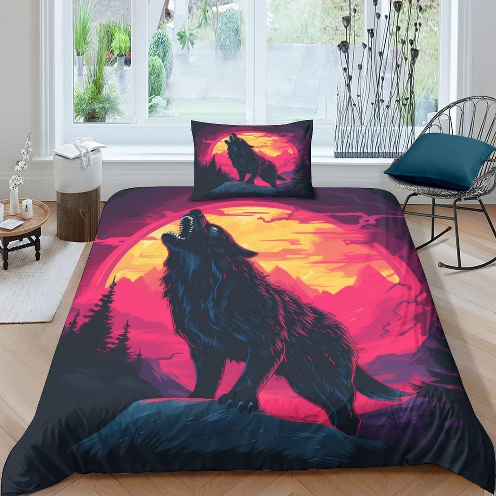 Parure de lit loup lunaire 135x200 avec housse de couette microfibre enfant