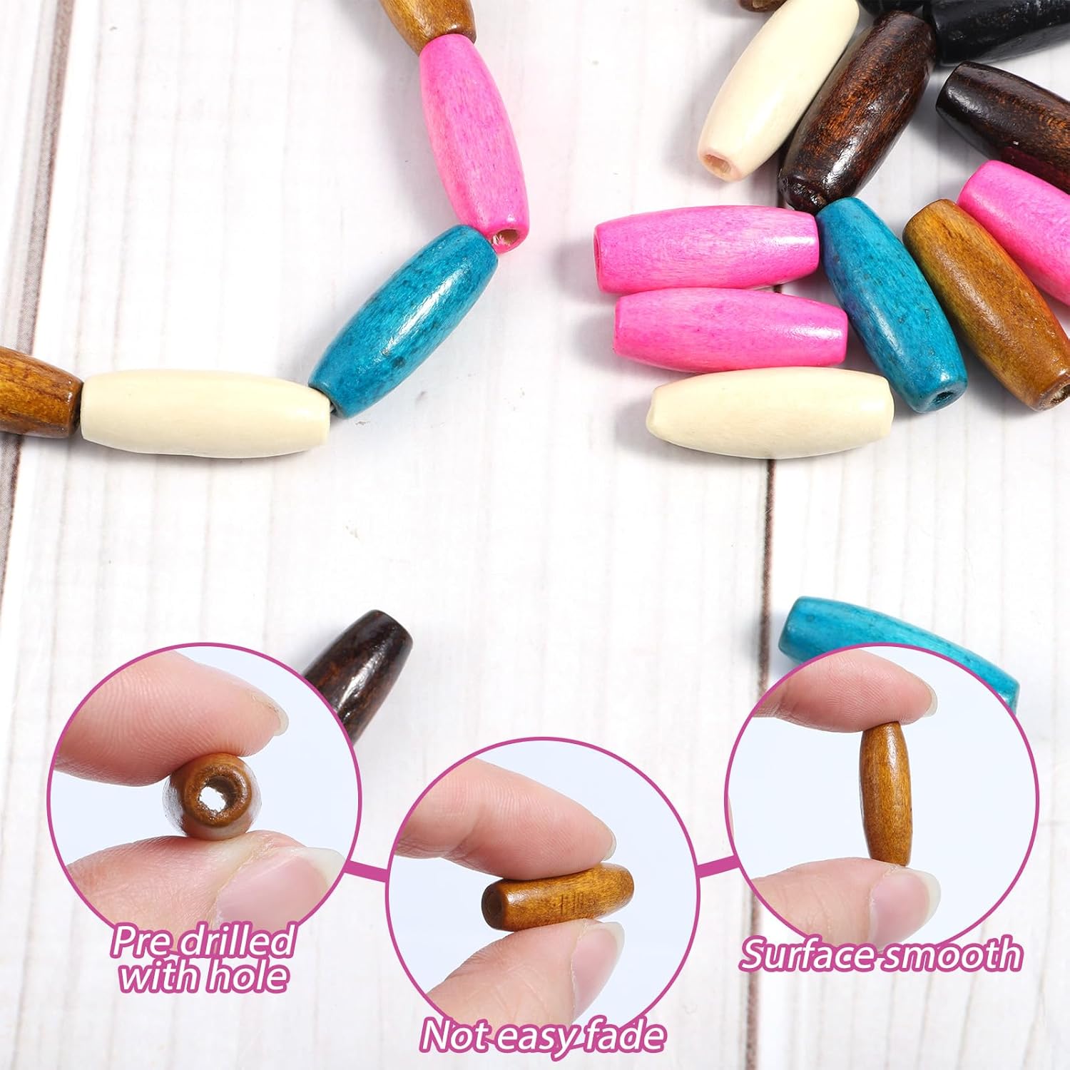 120 PCS Long Wooden Beads for Crafts, Large Hole Boho Beads for Hair, Colorful Wood Hair Bead, Wooden Spacer for Necklace Bracelet DIY Craft Home Decor - Image 3