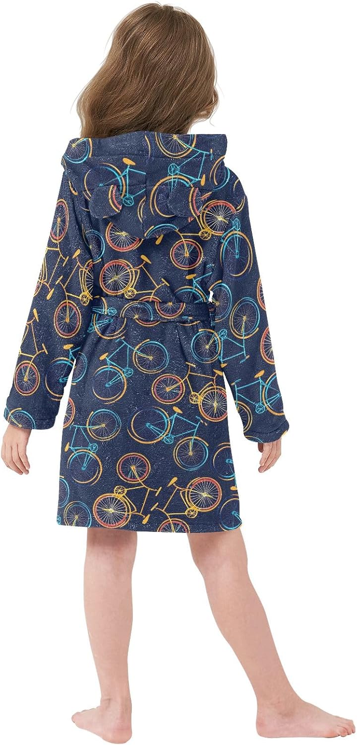 Navy Bicycle Pattern Toddler Hooded Bathrobe for Boys Girls Soft Plush Bath Towel Robe 2-12 Years