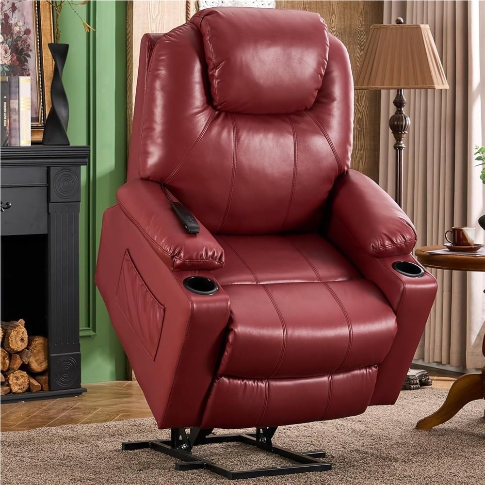 Classic Leather Home Theater Seating with USB Ports Side Pockets Easy Assembly Power Lift Chair Massage Heat Soft Recliner Chair
