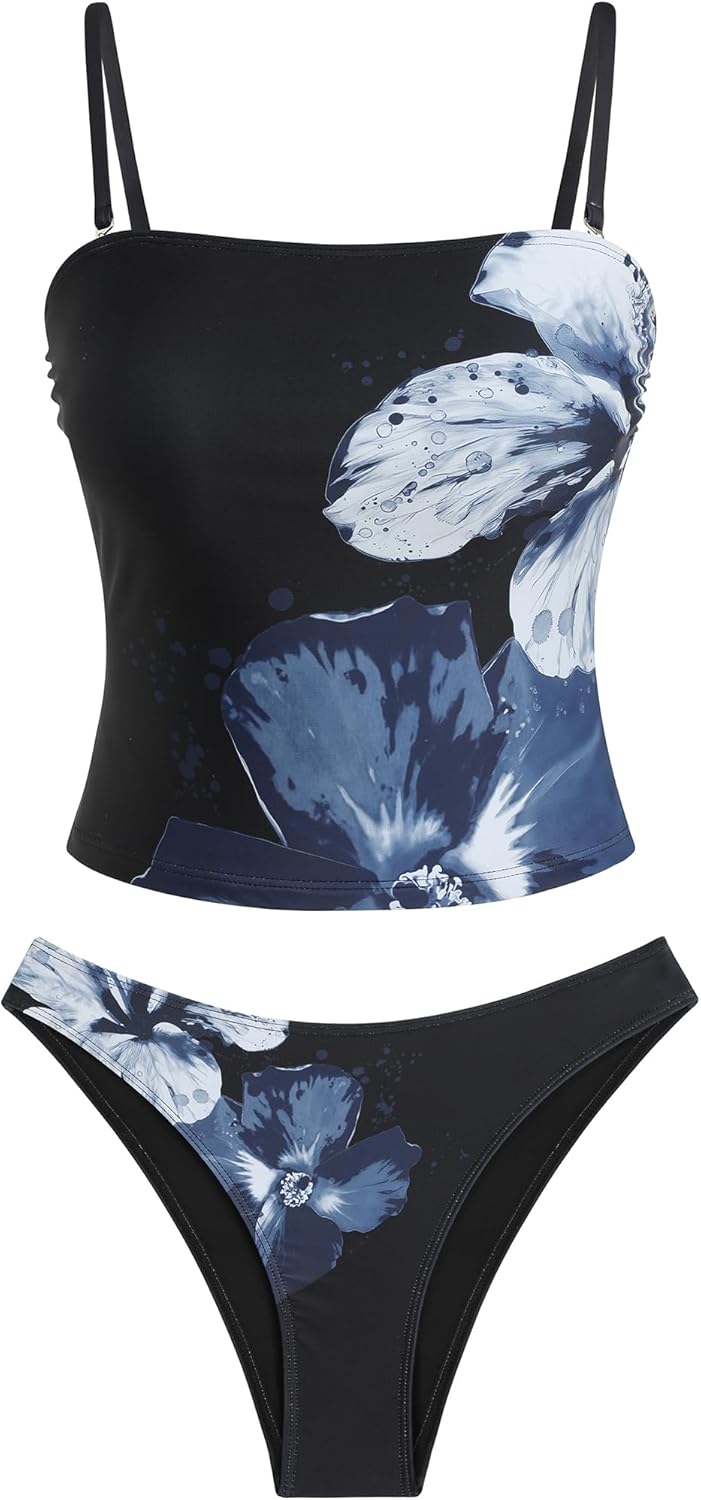 ZAFUL Women's Floral Tankini Swimsuits Bandeau Tummy Control High Cut Tankini Set Two Piece Bathing Suit