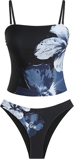 ZAFUL Women's Floral Tankini Swimsuits Bandeau Tummy Control High Cut Tankini Set Two Piece Bathing Suit