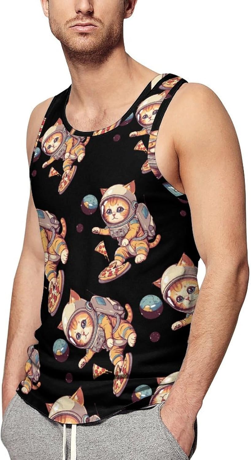 Funny Cat Flying A Pizza Astronaut Men's Tank Top Sleeveless Muscle Shirts Vest Beach T Shirts for Workout Gym