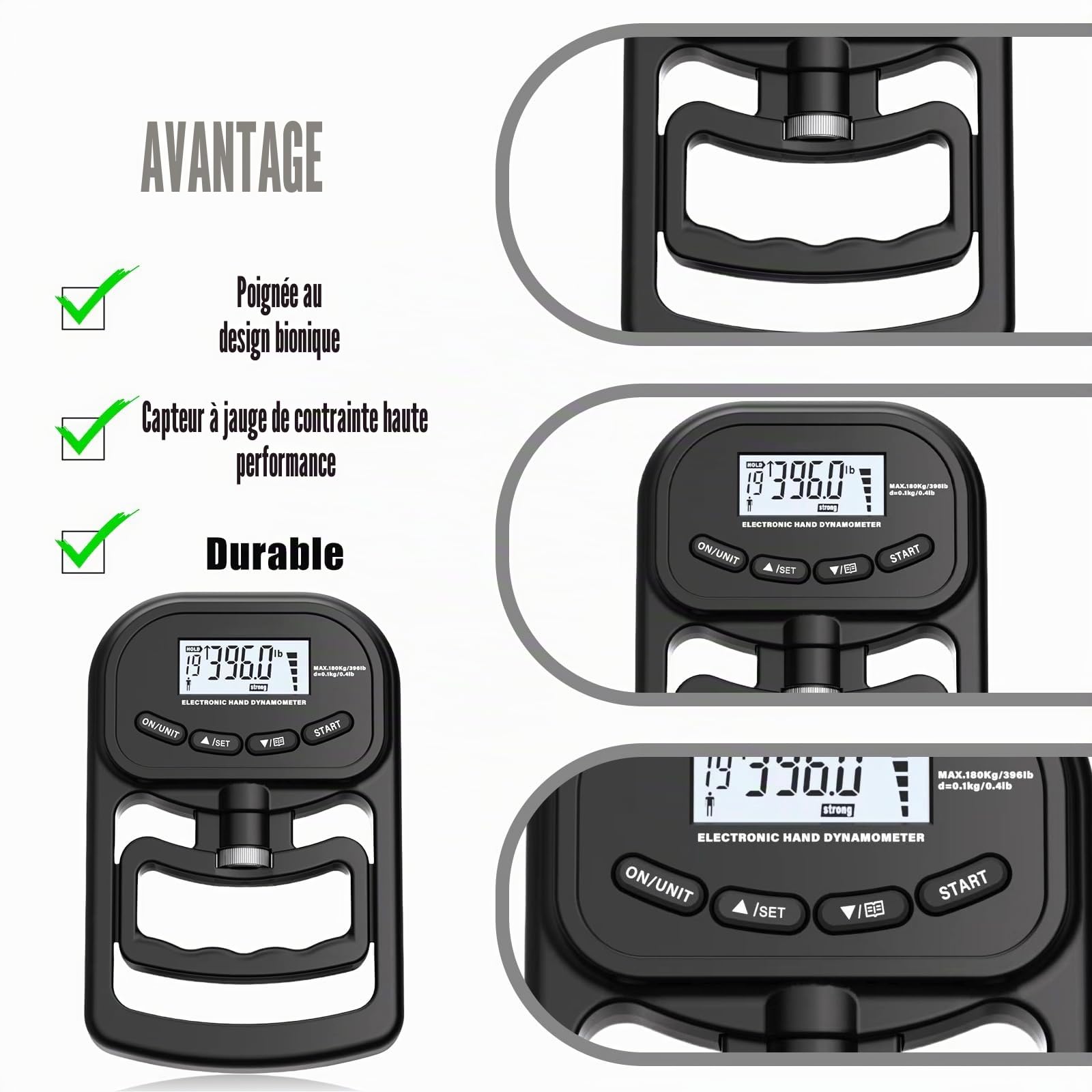 Appareil de musculation numérique à main, 180 kg, dynamomètre, avec câble de charge USB, appareil de force de préhension électronique, grand écran LED