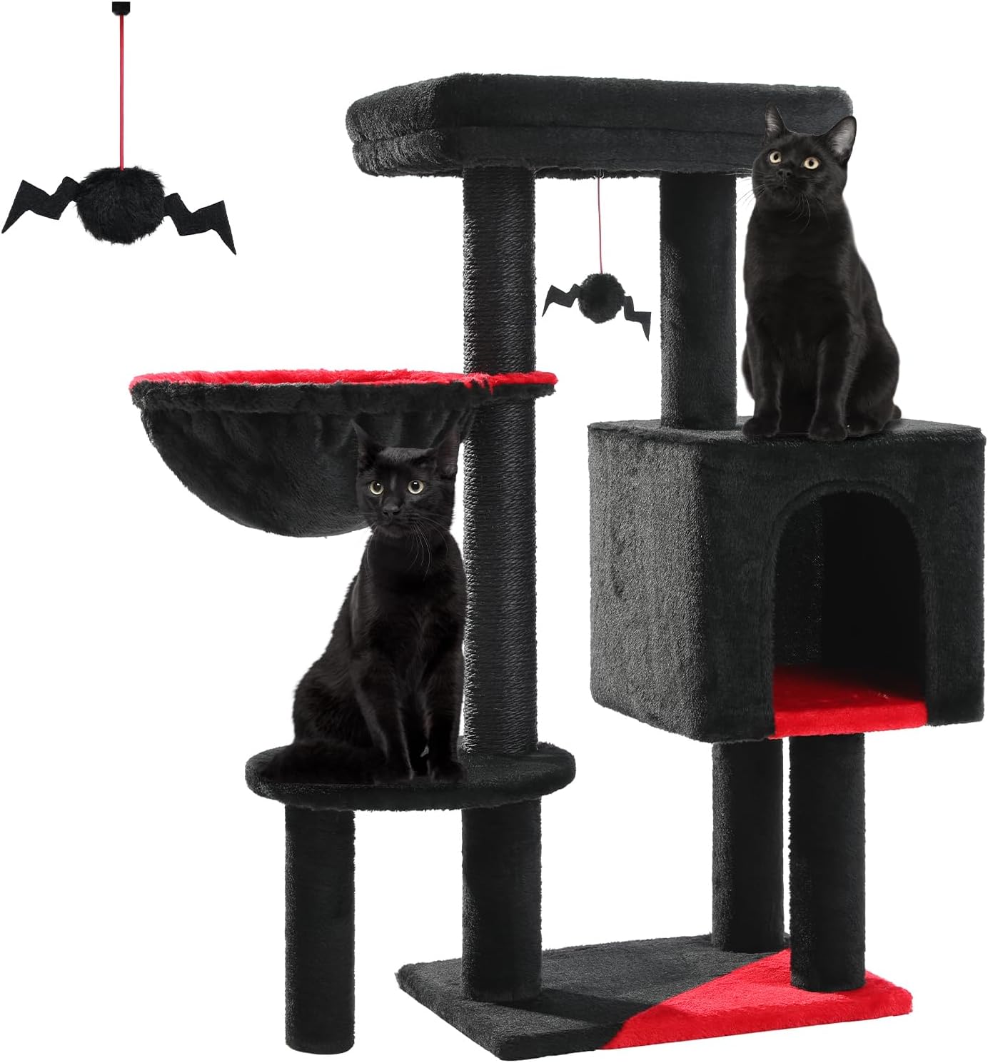 Gothic Cat Tower, 35.4" Black Cat Condo w/Large Coffin Bed, Spooky Balls, Scratching Post, Comfy Hammock, for Small-Med Cats, Halloween
