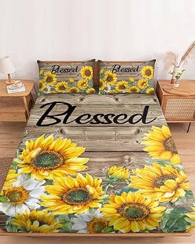 Bedding California King Size Fitted Sheets Fit 5"-16" Deep Pocket Mattress,Watercolor Sunflower Blessed Quote Soft Bottom Sheet Farm Brown Wood Board Fitted Sheet Bed Set with Pillow Case