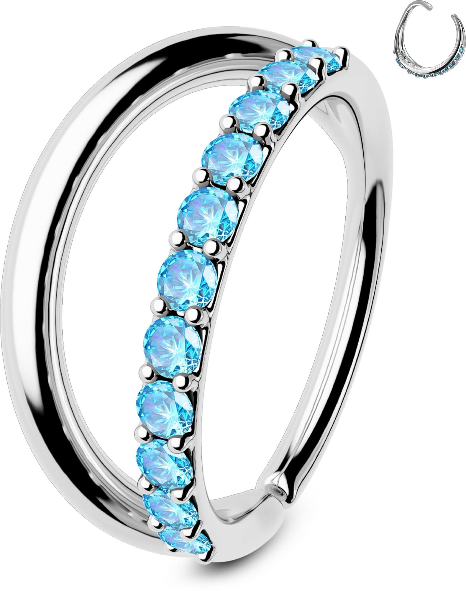 OUFER20G Nose Hoop Ring Clear/Blue/Pink CZ Seamless Open Double Line Helix Piercing 8 mm Cartilage Earring Body Piercing Jewellery Rook Hoop