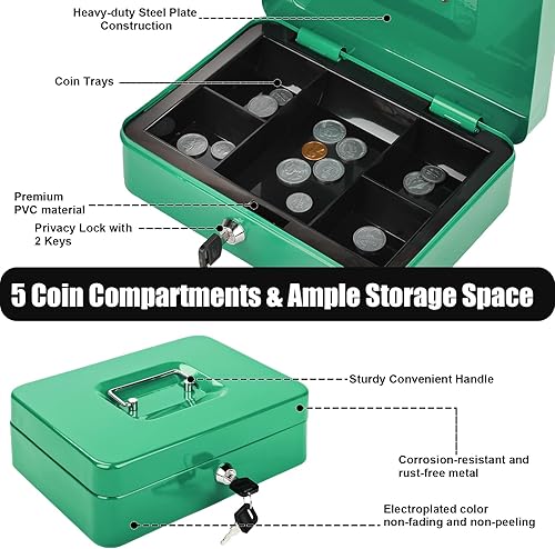 Miniatura 3 de Caja de dinero grande con cerradura con bandeja extraíble para monedas, caja de dinero de metal segura portátil con cerradura de llave, organizador