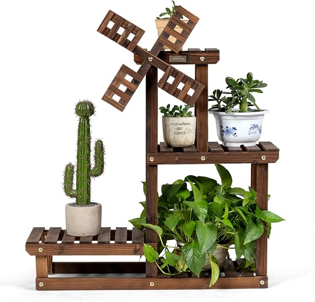 COSTWAY Wooden Flower Rack, Plants Pots Storage Display Shelf, Outdoor Indoor Garden Patio Balcony Plant Stand Holder (4 Tiers)