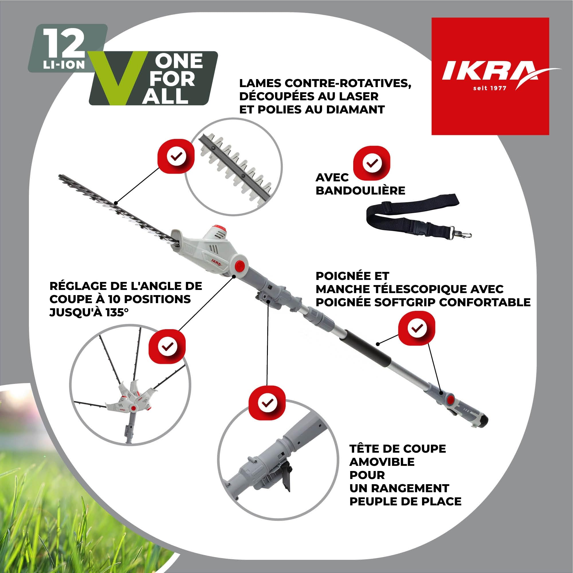 IKRA Taille-haie télescopique IATHS 1241, avec Batterie Chargeur & Lunettes