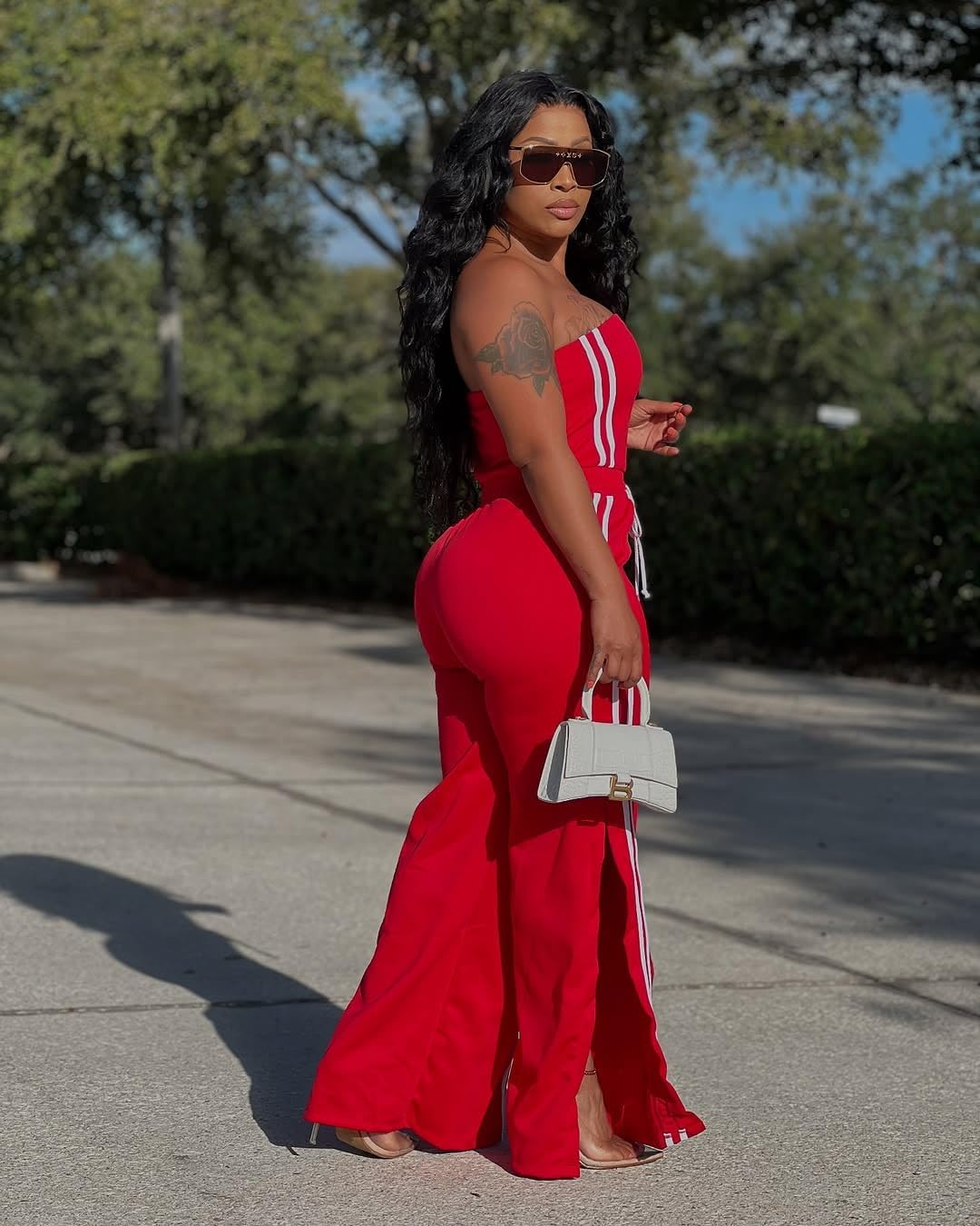 Women's 2 Piece Summer Outfits Strapless Striped Crop Top & High Waist Wide Leg Pants Set Casual Outfit - Image 7