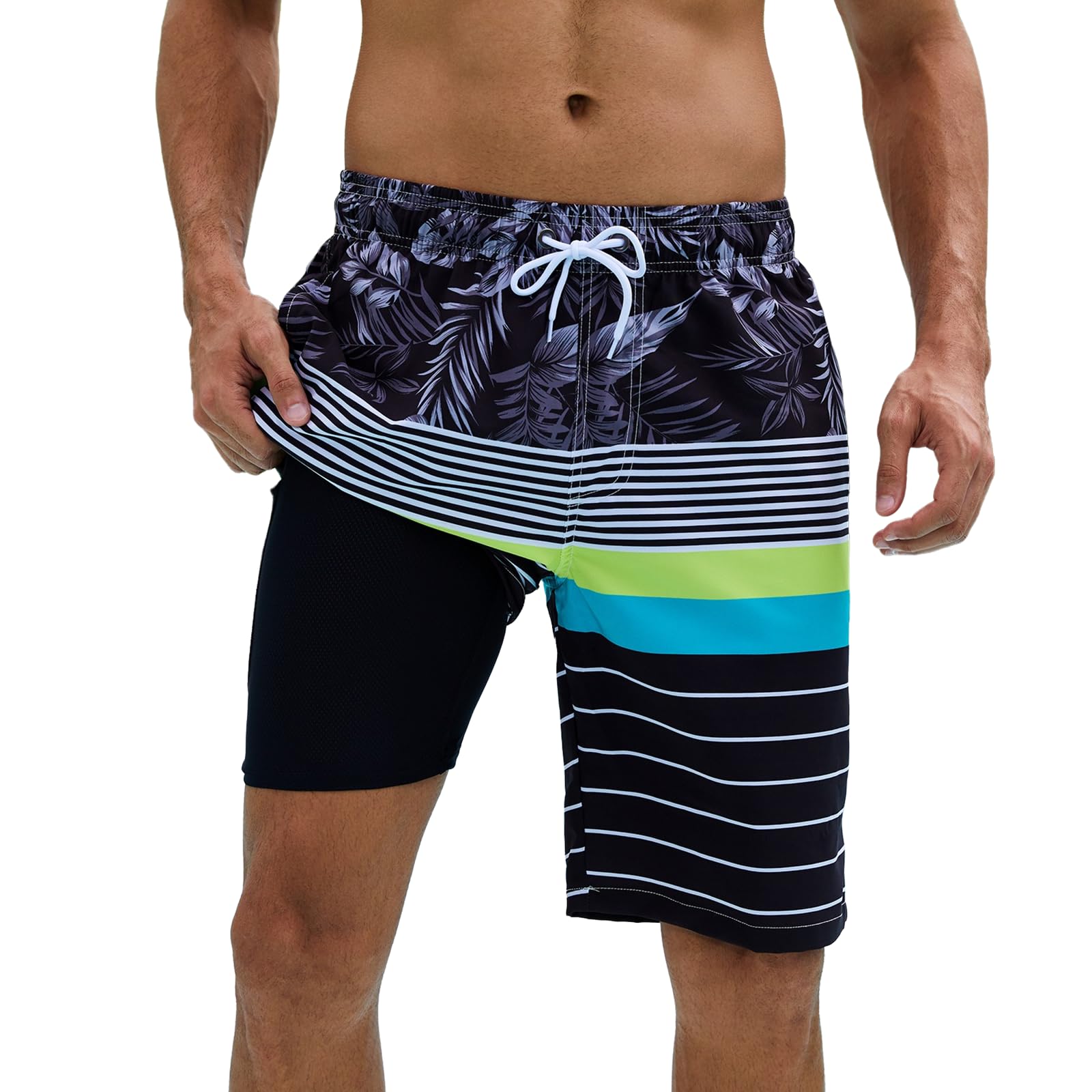 Arcweg Mens Swimming Shorts Long Swimming Trunks with Compression Liner 2 in 1 Swim Trunks with Zipper Pockets Quick Dry Men's Swim Shorts Double Layer