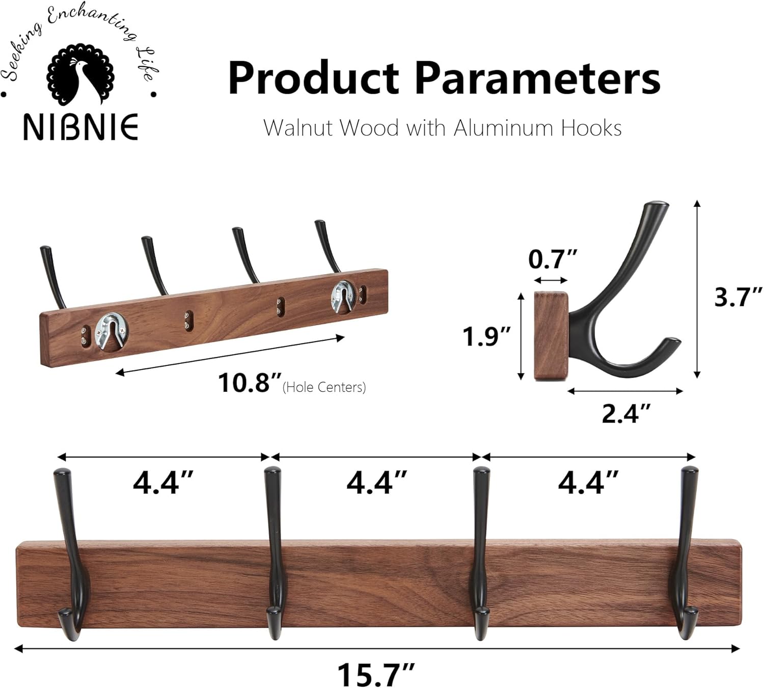 16 Inch Small Walnut Wood Coat Rack Wall Mount with 4 Hooks, Adhesive & Drilling Mounted, Heavy Duty Wooden Wall Coat Hanger Hanging Towel Clothes Hat Bag Purse Key Jacket Backpack Holder Black