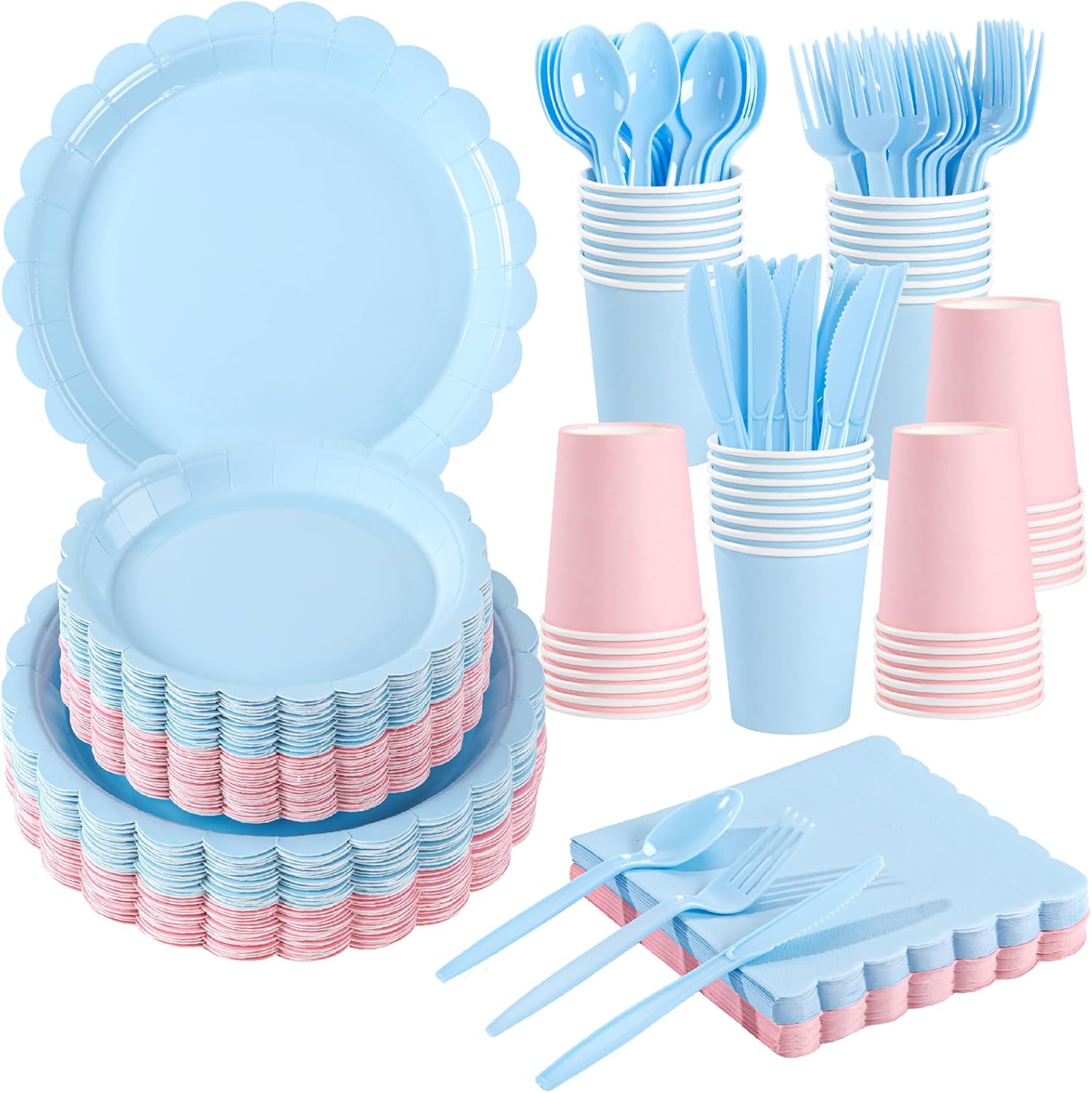 LIYH 350 Pcs Gender Reveal Pink and Blue Plates and Napkins Set for 50 Guest Party Supplies Include Scalloped Paper Plates Cocktail Napkins Cups Spoons Forks Knives for Baby Shower,Birthday