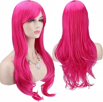 Colorfulpanda Cosplay Wig with Side Bangs Long Curly Full Hair Wig for Women Anime Halloween Costume Party 28 Inch/70cm Color Hot Pink