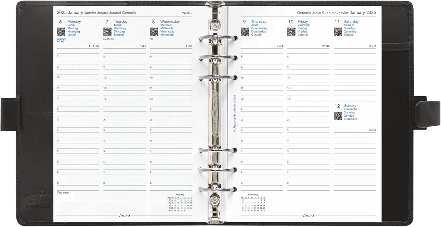 Filofax Metropol Organizer, A5 Size, Black - Leather-Look, Six Rings, Week-to-View Calendar Diary, Multilingual, 2025 (C026968-25)