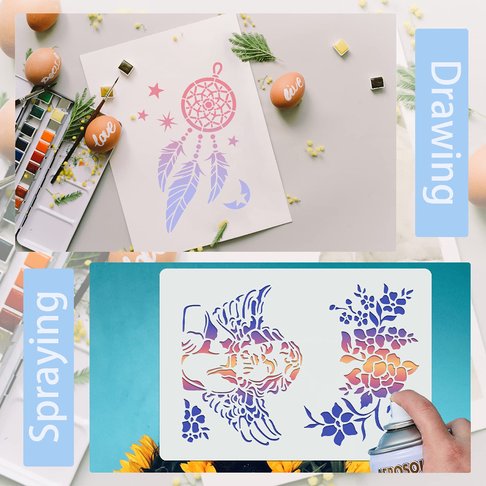 10 PCS A4 Personality Fashion Abstract Animal Stencils Hollow Out, ULENDIS Reusable Lions Elephants Owls Woodpeckers Painting Template, Plastic Drawing Template for DIY Crafts Painting on Wood Paper 1