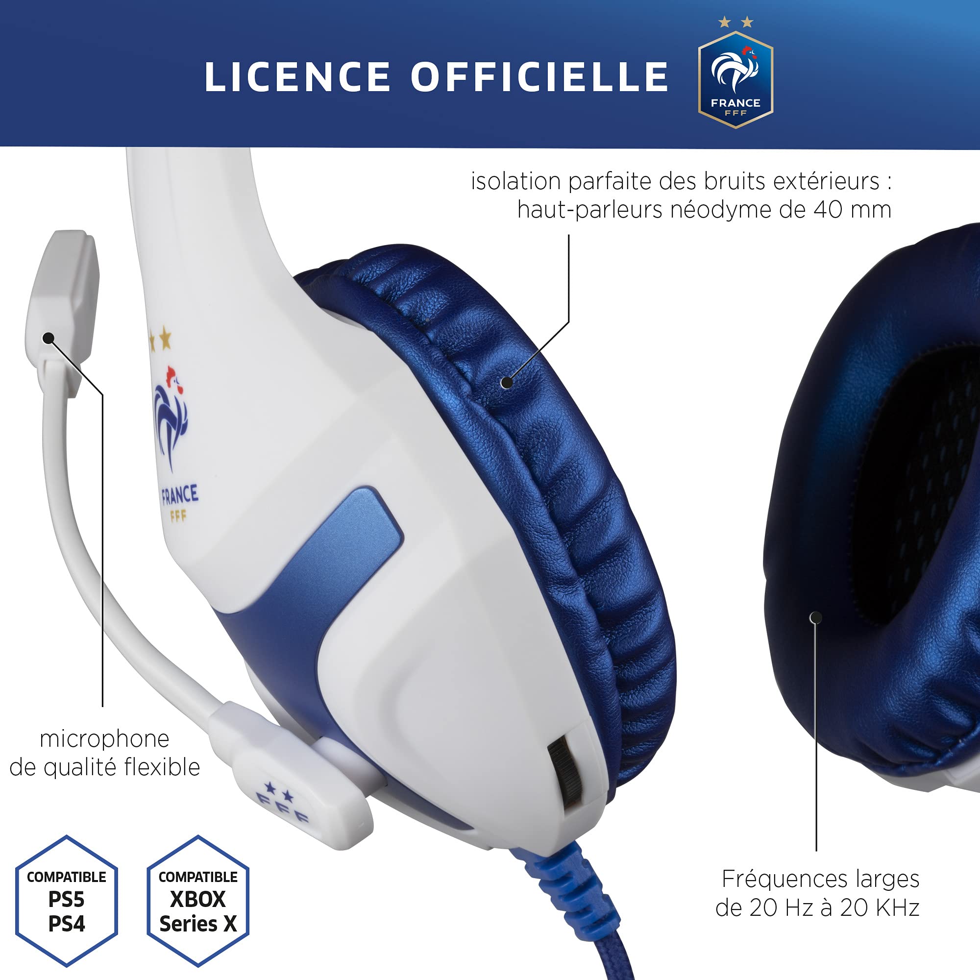 Konix FFF Casque Gaming Filaire PS-400 pour PC, PS4, PS5, Switch et Xbox - Microphone 45° - Câble 1,5 m - Prise Jack 3,5 mm - Blanc et Bleu