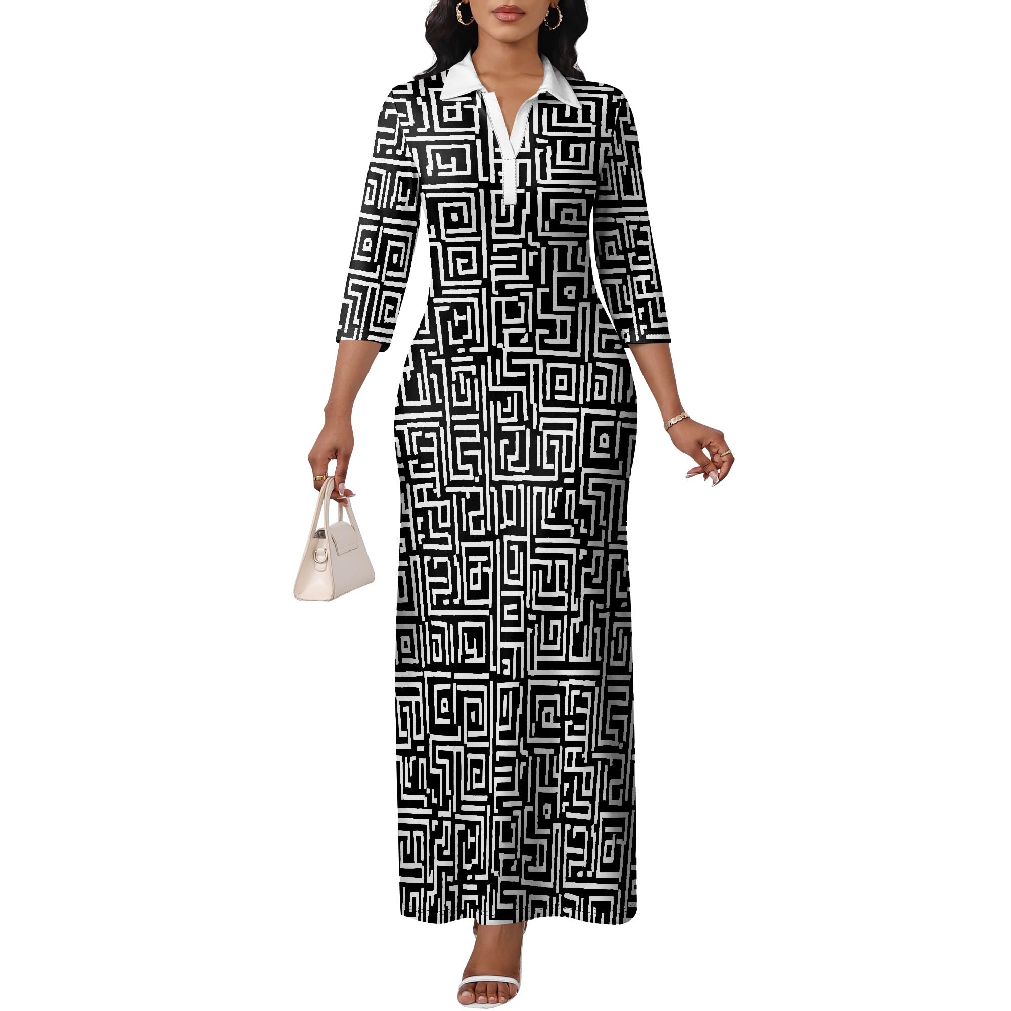 Fall Maxi Dress Womens Polo Collar Long Sleeve V Neck 3 4 Sleeve Ankle Length Office Work Dresses
