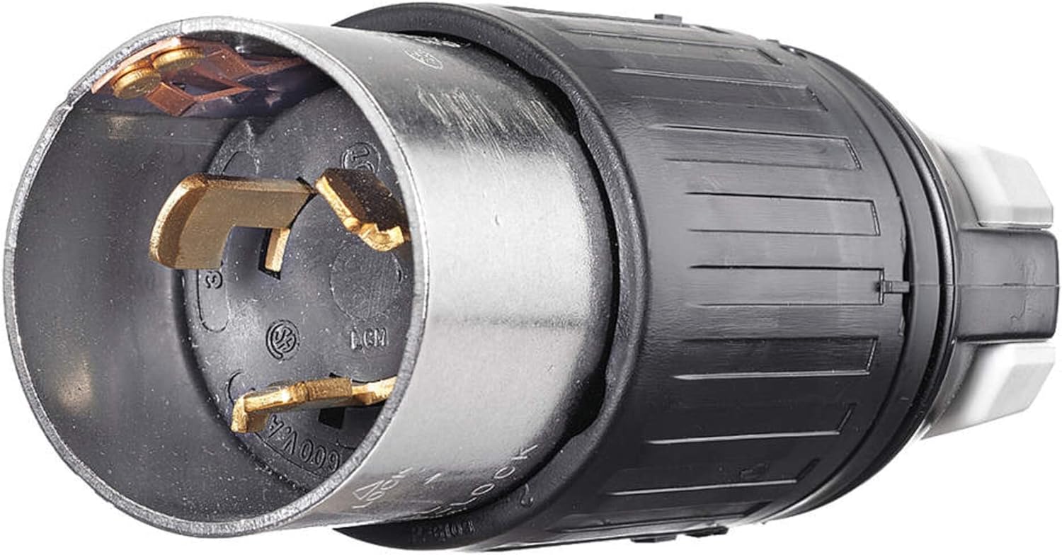 Bryant Electric 3765 50 Amp, 250V Dc, 600V AC, Locking Plug, 3-Pole, 4-Wire, Heavy Duty, Grounding, Black/White