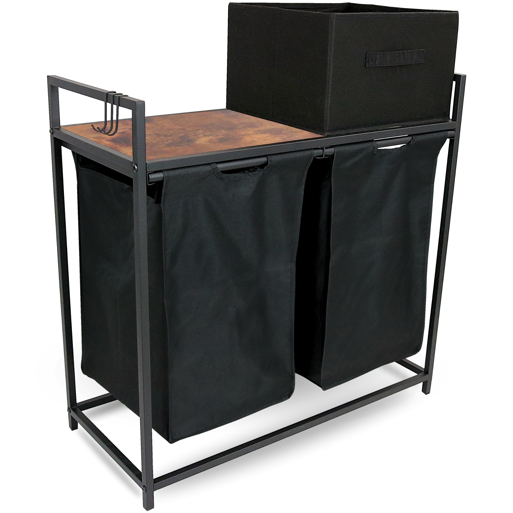 holz4home® Wäschekorb 2 Fächer Vintage I Mit Ablage & Wäschebox ausziehbar I Wäschebox Badezimmer I Wäschesack aus Oxford-Gewebe 92 L
