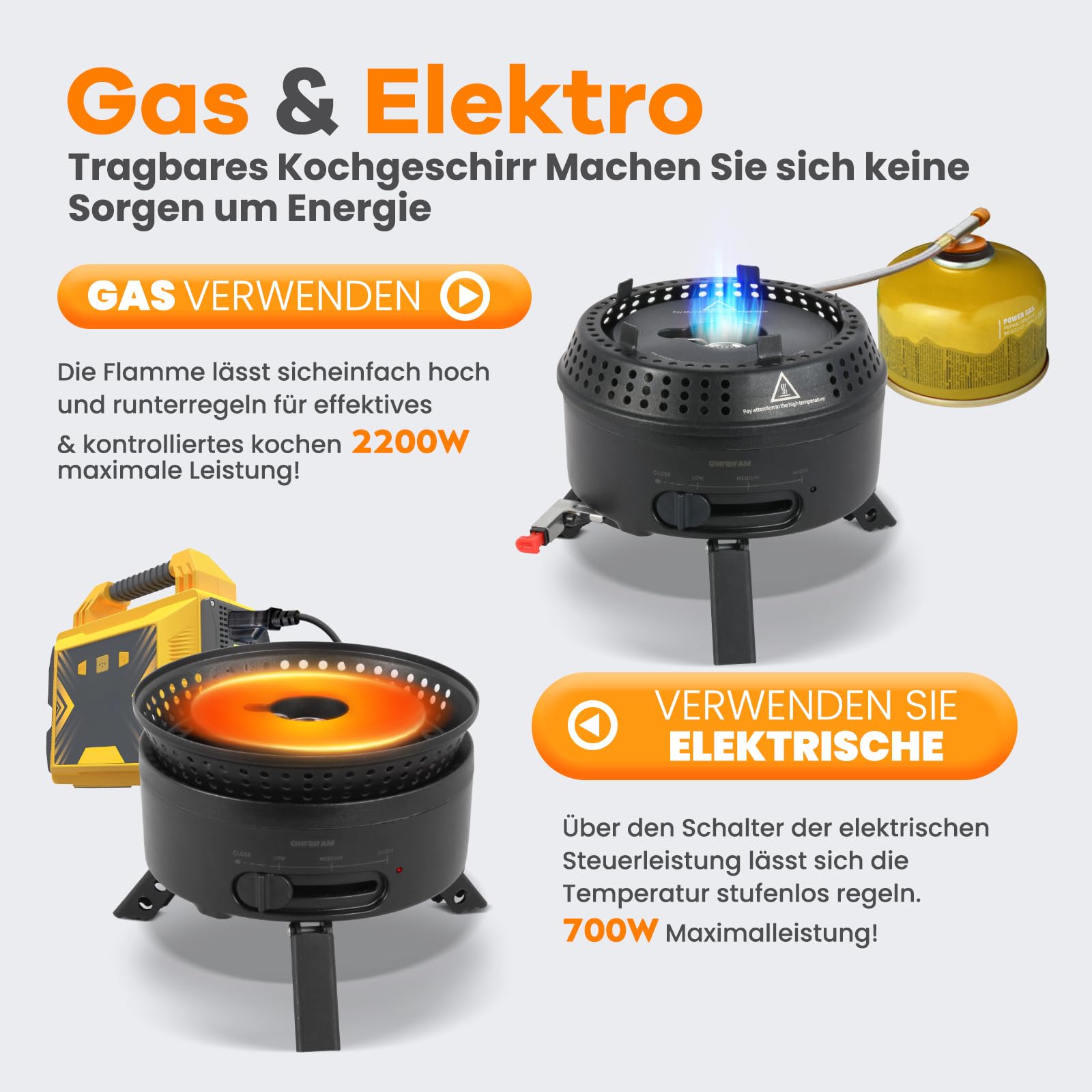Camping Kochgeschirr Set für 2-4 Personen, 2 IN 1 Elektro und Gaskocher, Kombiniere 700W Elektrische & 2200W Gas, Camping Geschirr Campingkocher für Wohnmobil, Drinnen, Draußen