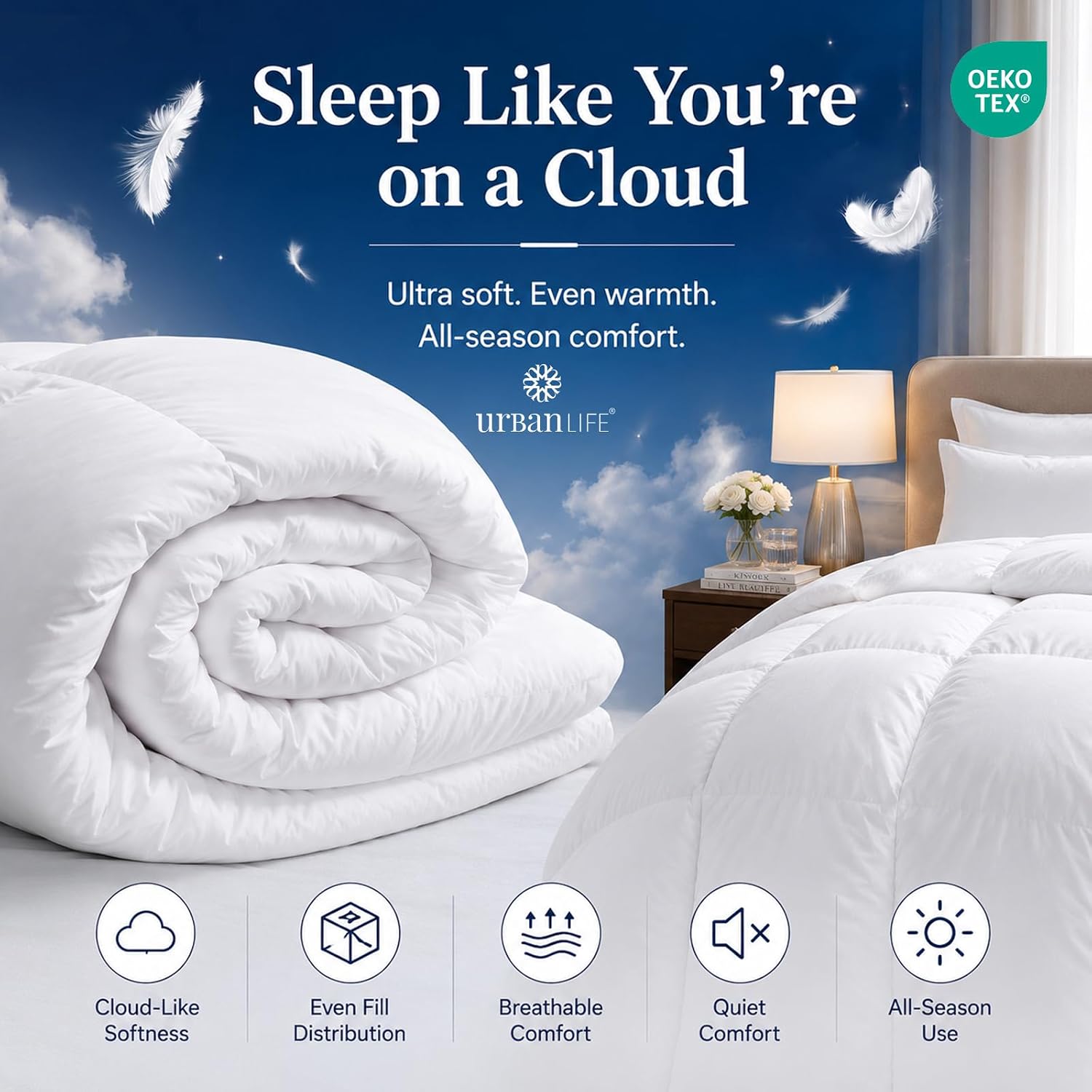 URBANLIFE Queen Goose Down Comforter (90"x90") Cloud Soft Duvet Insert, | Premium Poly-Cotton Shell, Box-Stitching Design, Machine Washable, All Season Bed Quilt, White